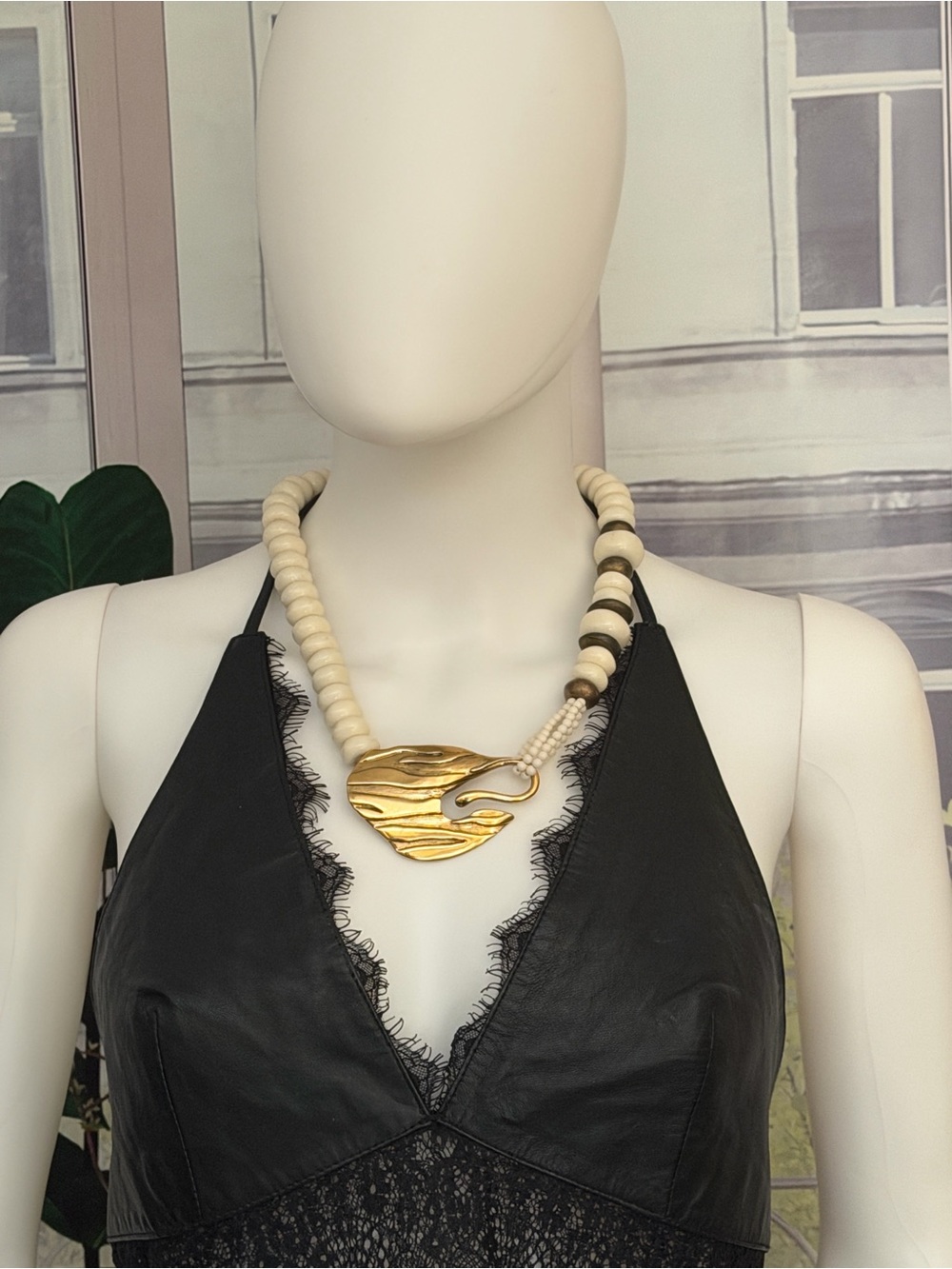 Vintage Statement MoNecklace With Cream Colored Beads & Textured Gold Tone Penda